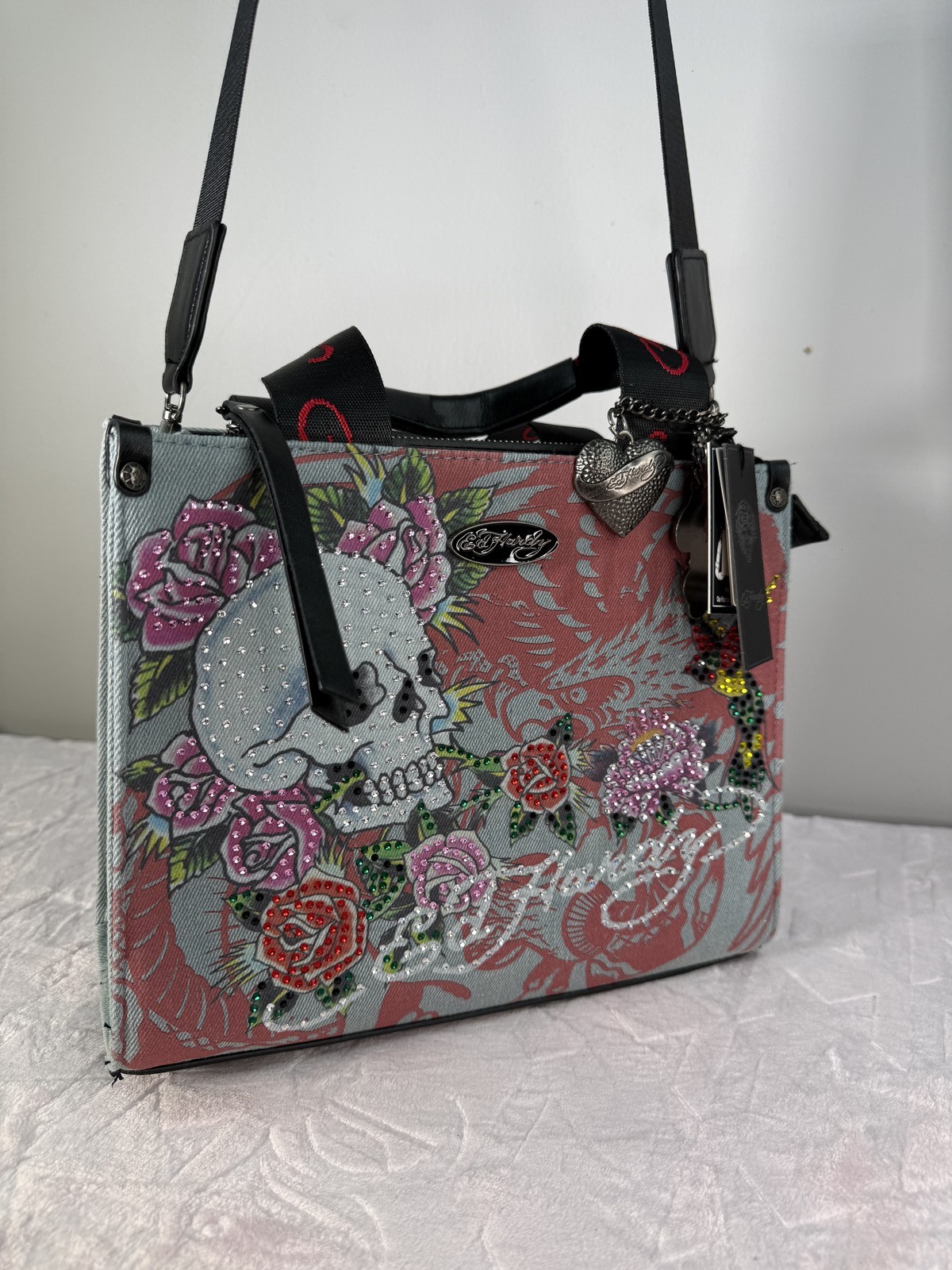 Ed Hardy crossbody bag denim blue tattoo print