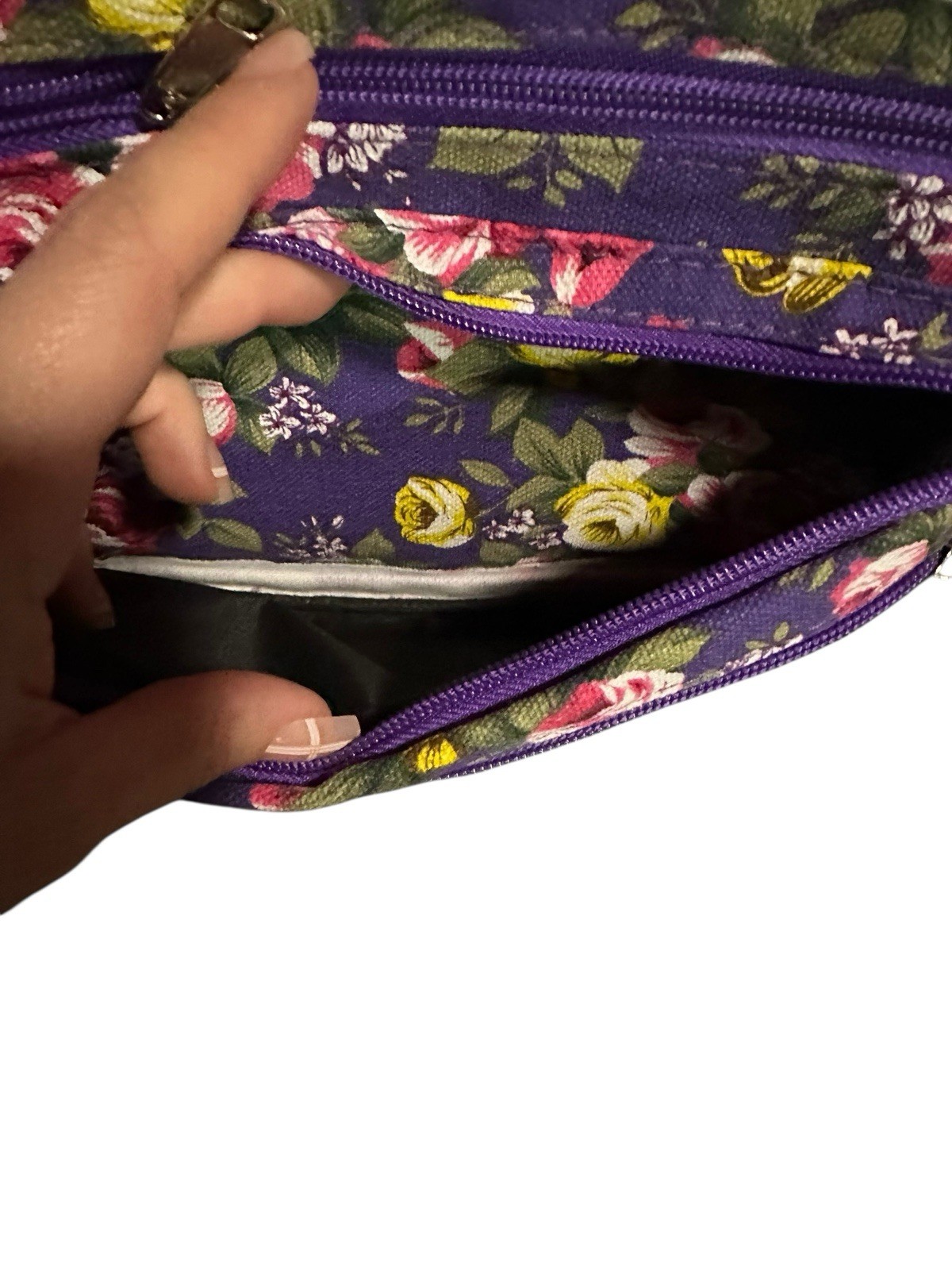 NEW cross body bag purse purple floral flowers zipper pockets pink yellow green