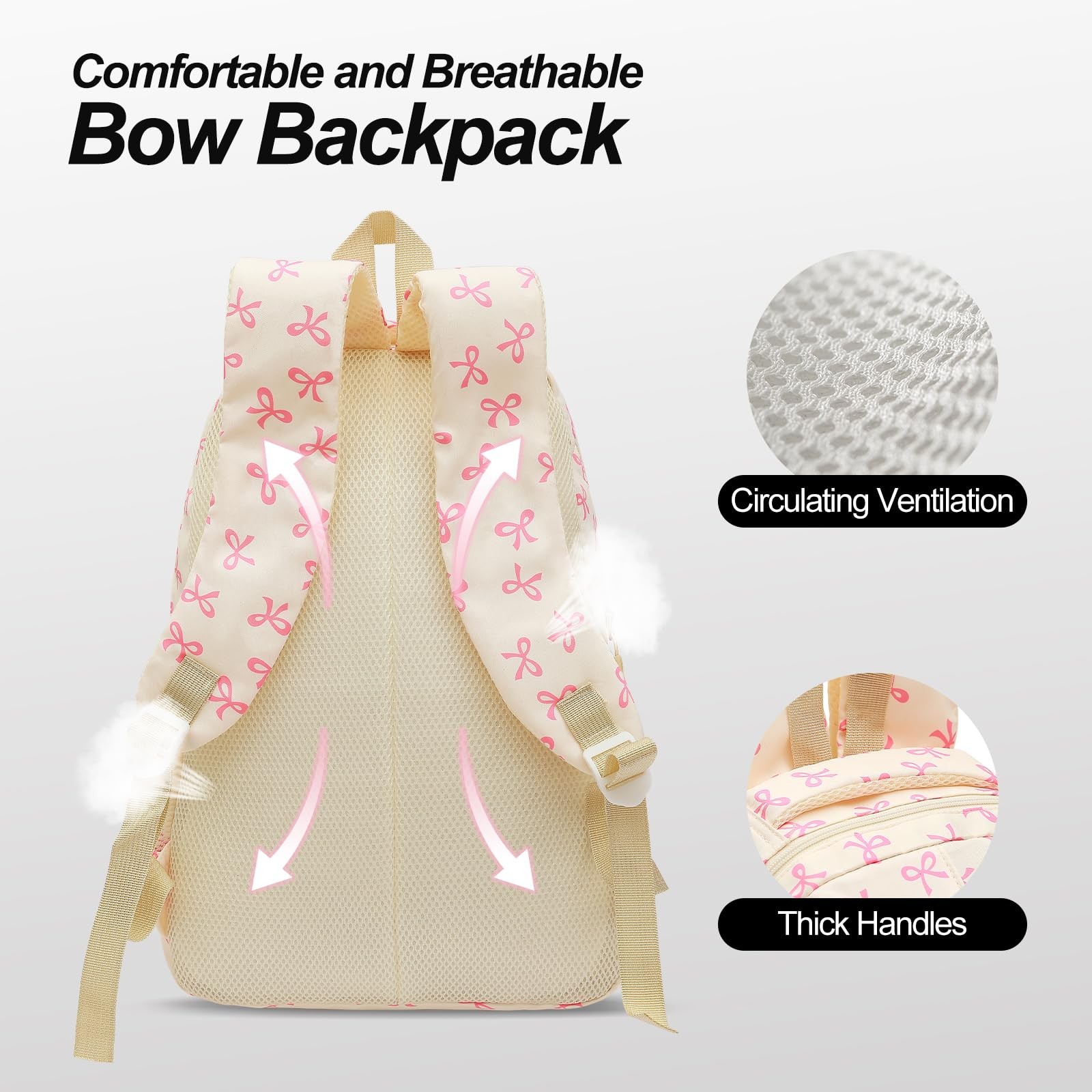 Cute Pink Bow Backpack Set for Women, Large Capacity Shoulder Bag 3PCS