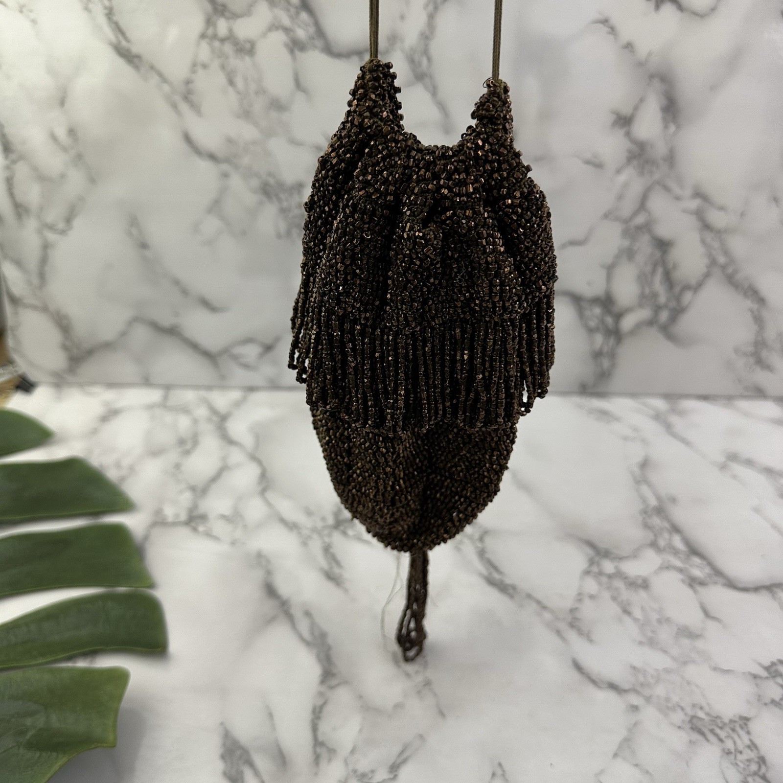 Vintage Beaded Clutch Purse Bag Brown Bronze Drawstring Tassel Fringe Pouch