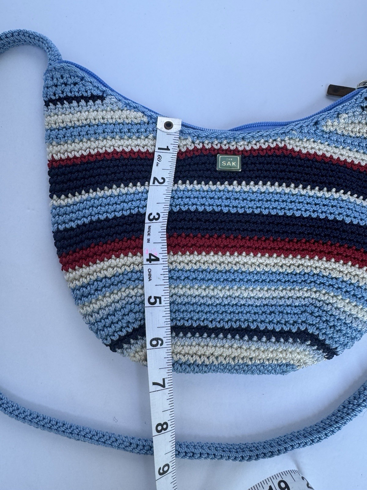 VTG 90s The Sak Crochet Striped Tote Bag Blue Label Boho Coastal Beach Shoulder