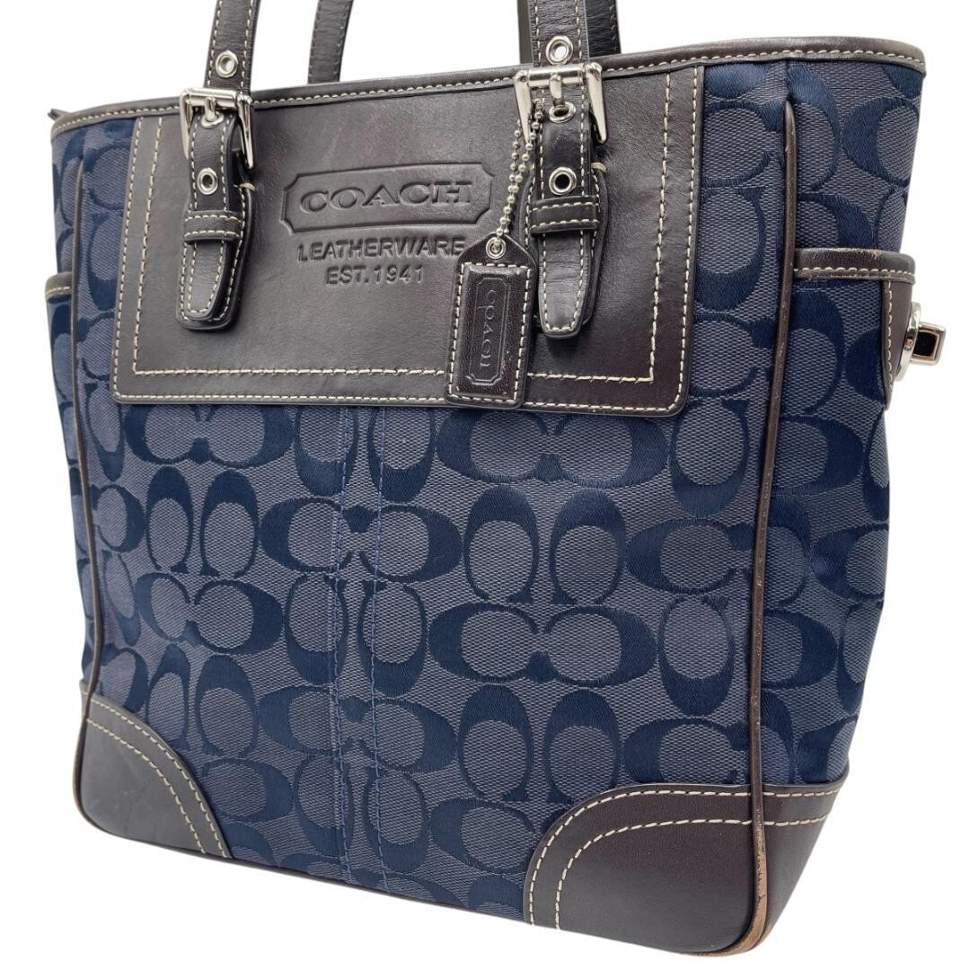 COACH Signature Canvas Leather Tote Bag Navy Turn Lock F10659 Women