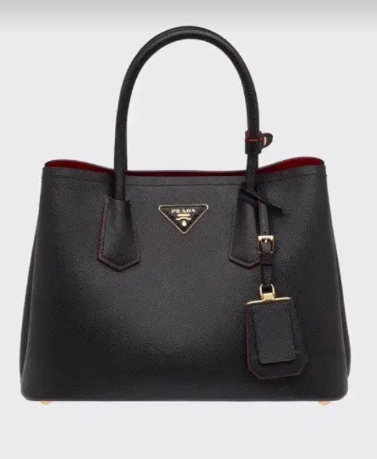 Prada Double Bag 1BG887 Saffiano Cuir Nero Fuoco Black Red Leather Tote Bag