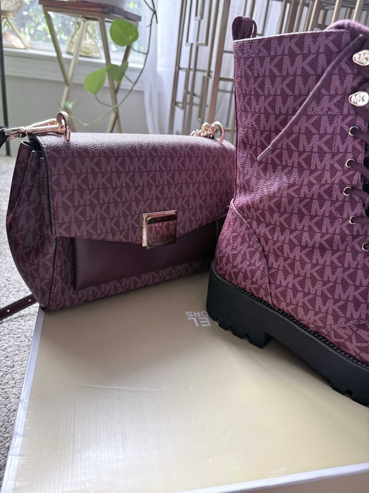 Michael Kors Purple Logo Crossbody Bag Gold Chain Hardware Turn Lock Detach