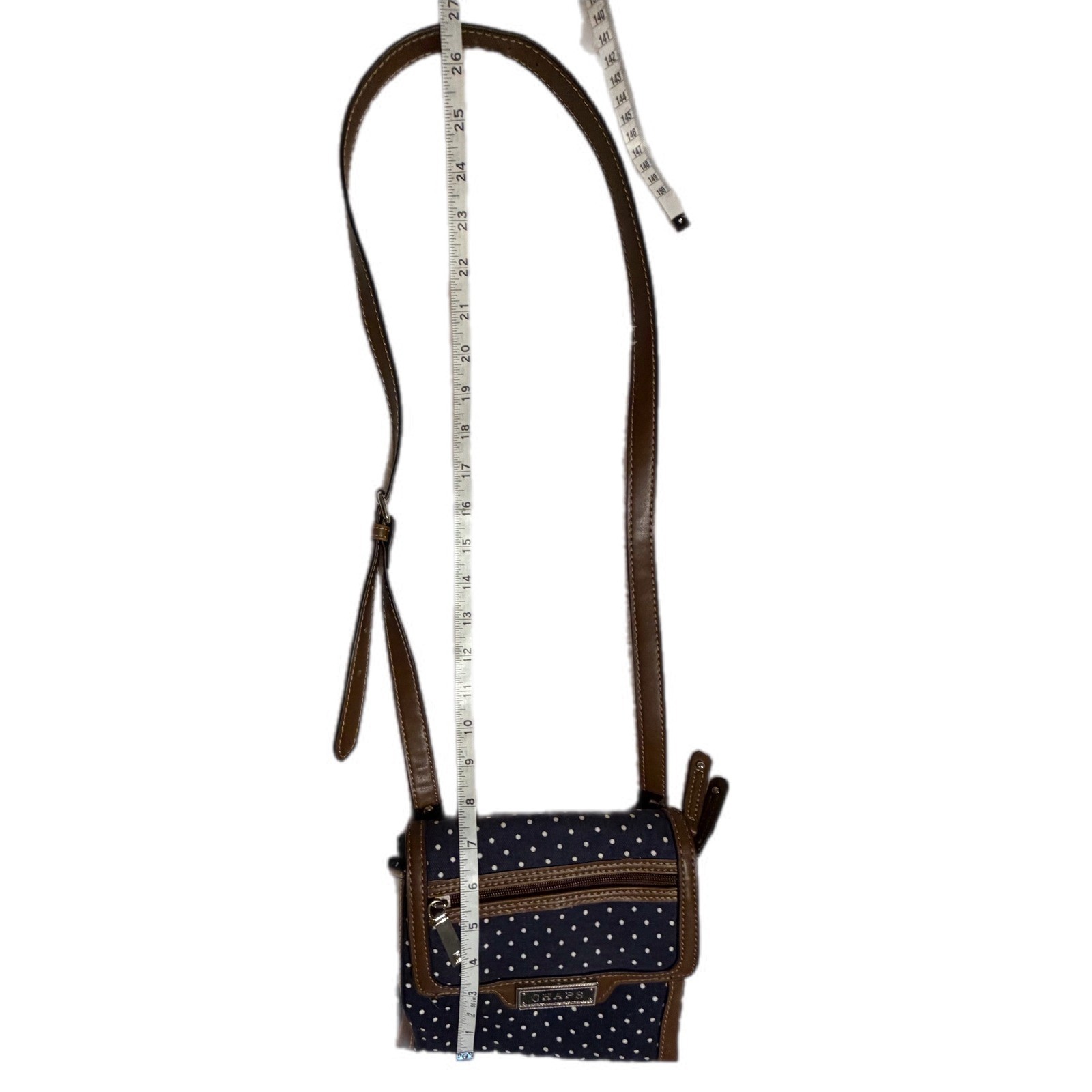 Chaps Navy Blue Polka Dot Crossbody Bag Brown Trim Canvas Small Messenger Purse