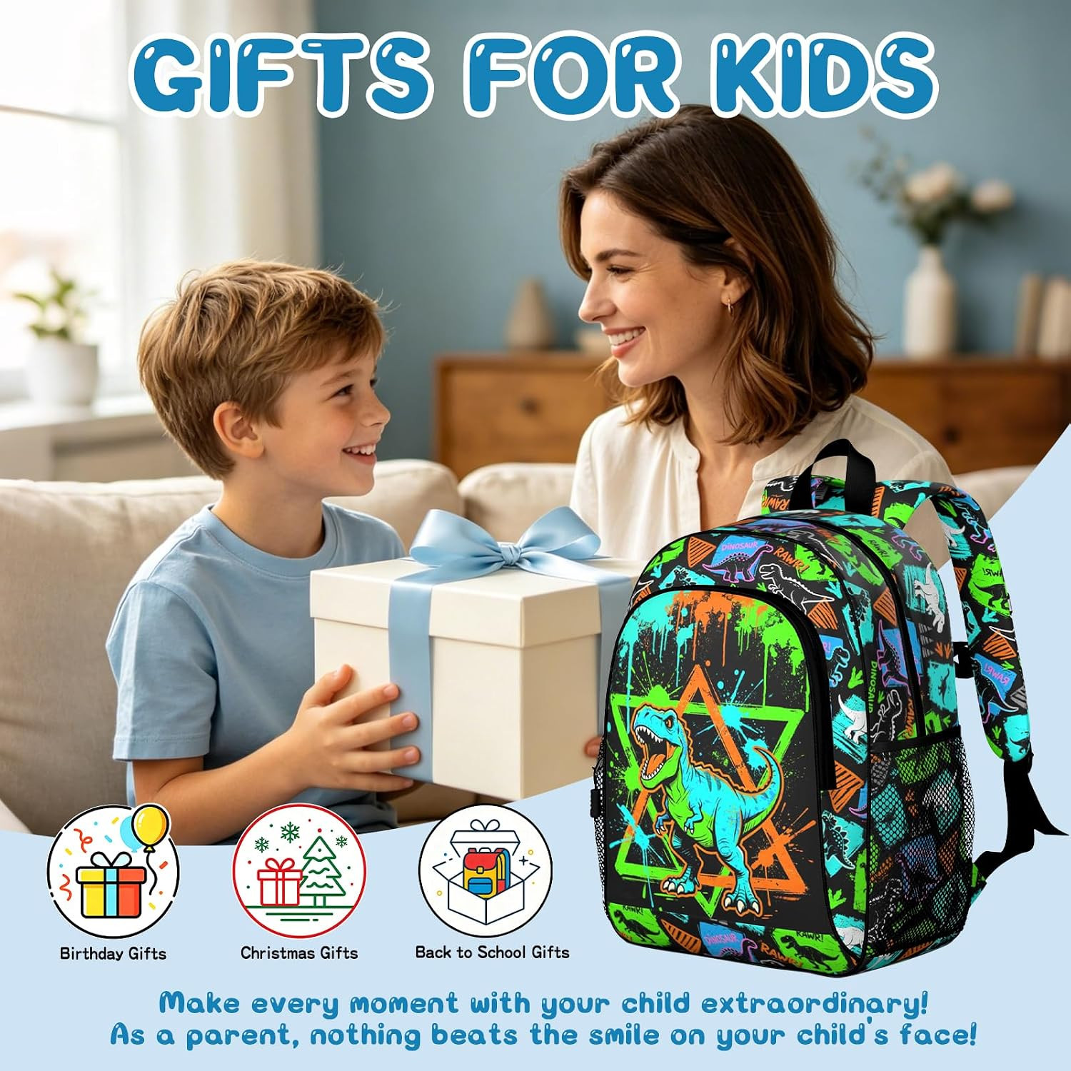 Kids Backpack, Street Art Graffiti T-Rex School Backpack, Dinosaur Splash Print