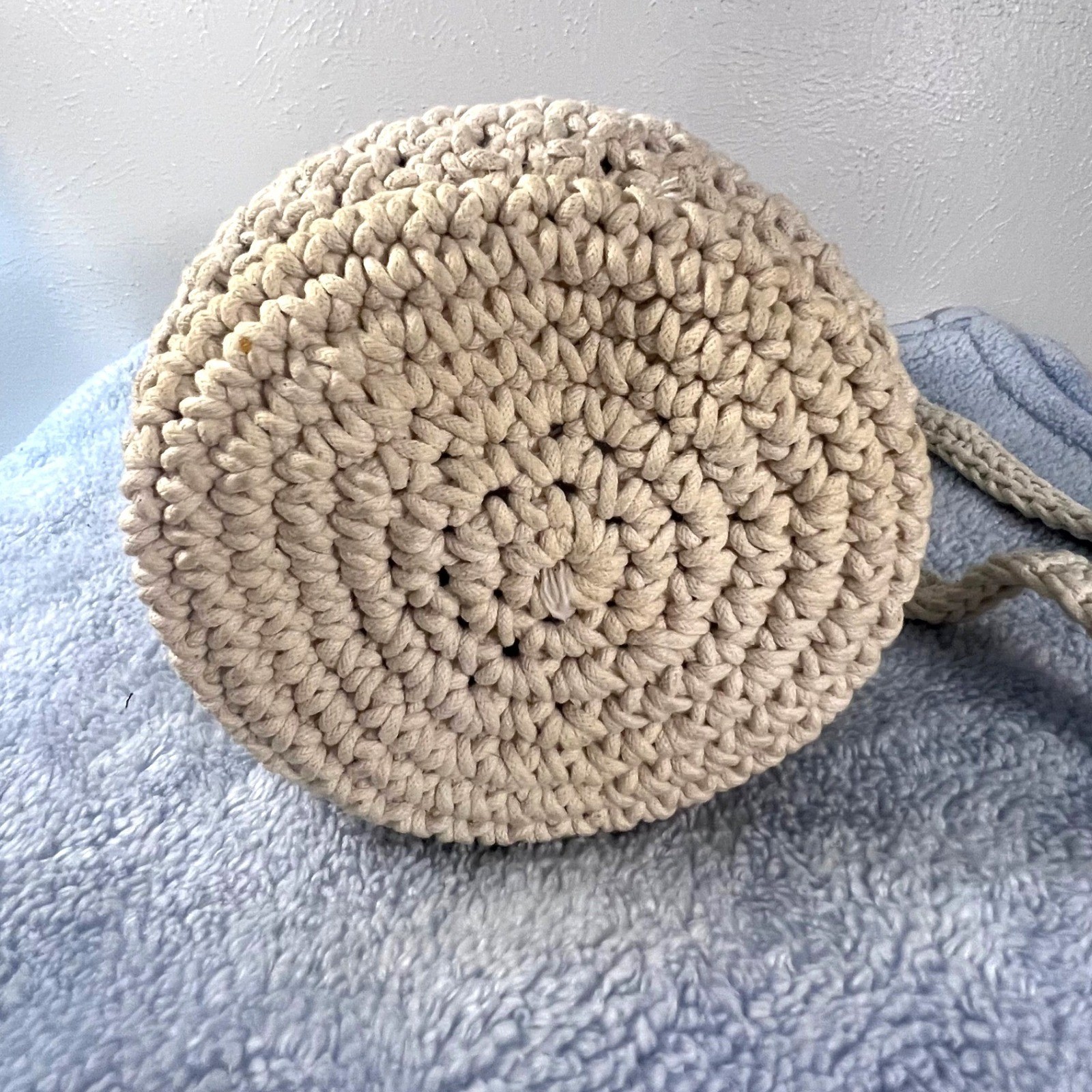Crochet Bucket Barrel Purse Cream Drawstring Boho Gypsy Coastal Oat Bag
