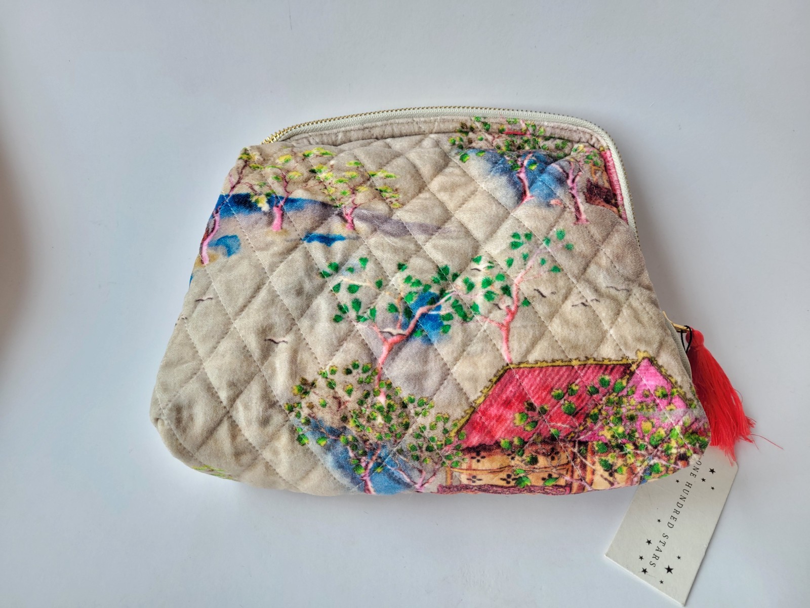 ONE HUNDRED STARS Quilted Cotton Velvet Clutch Pouch Zip Bag New