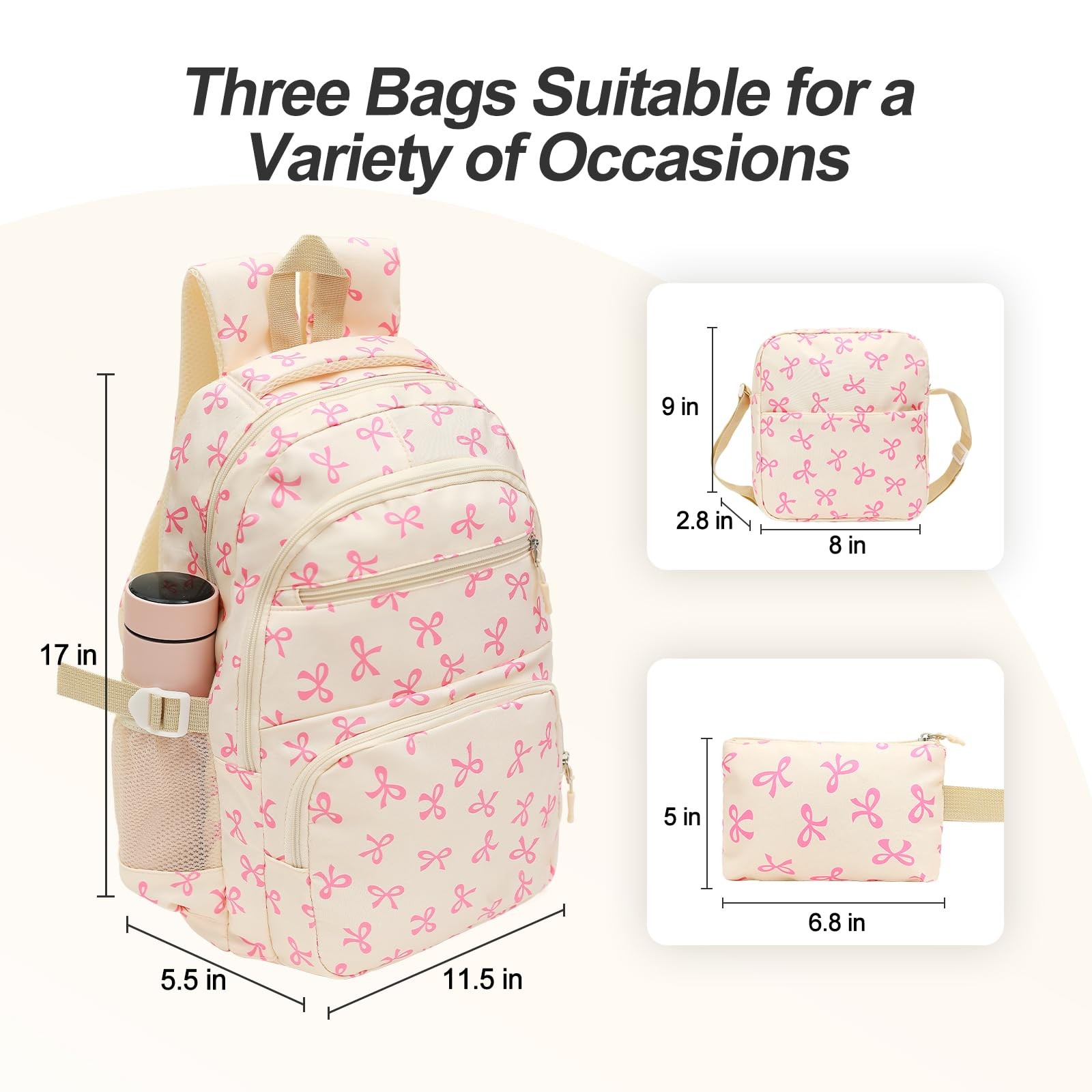 Cute Pink Bow Backpack Set for Women, Large Capacity Shoulder Bag 3PCS