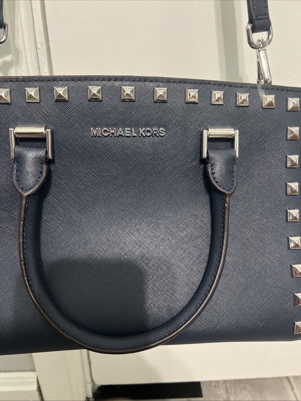Michael Kors Original Selma Stud Medium Leather Satchel Bag Navy Blue BNWT
