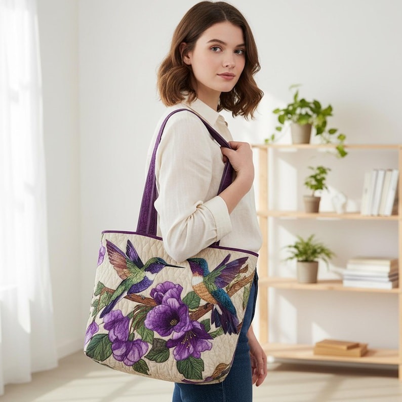 Hummingbird Quilted Tote Bag, Purple Floral Bird Bag, Handmade Style Shoulder Ba