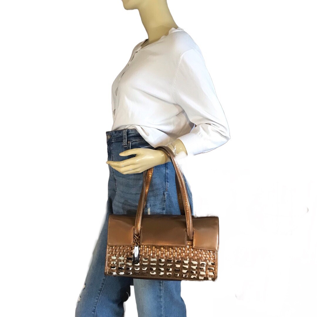 WOMEN’S IMPULSE BY SHARIF BRONZE PATENT LEATHER BASKET WEAVE WITH CALF HAIR BAG