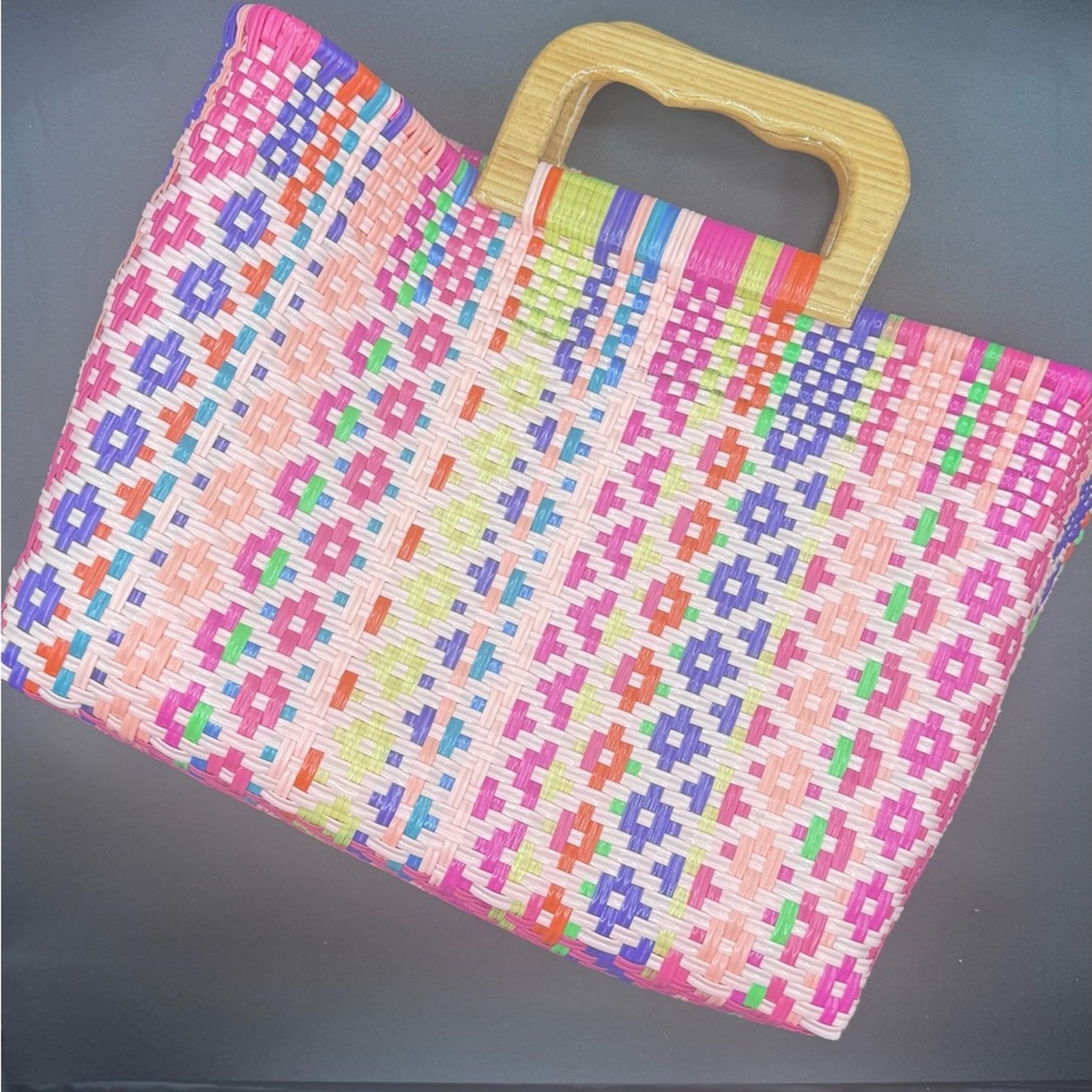 Colorful Woven Tote Bag with Wooden Handles