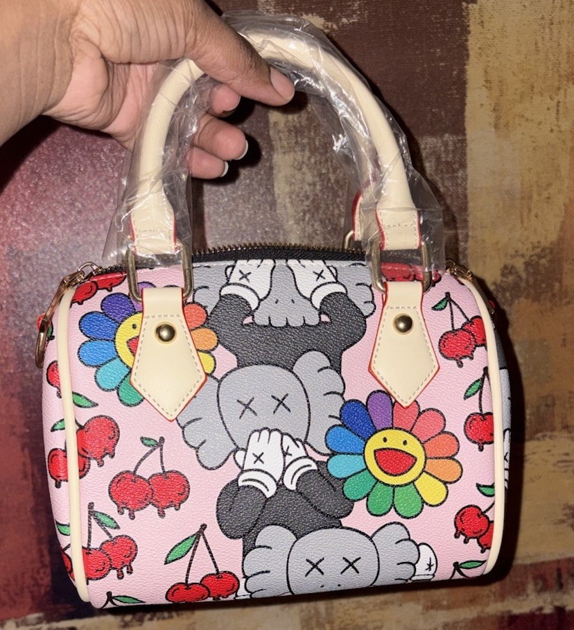 Pink Cherry Print Kaws Cartoon Art Small Satchel Top Handle Zip Bag w Strap