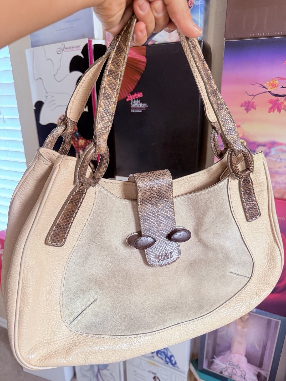 Tod’s Beige Brown Shoulder Bag Logo Snake Skin Effect Double Handles Lined