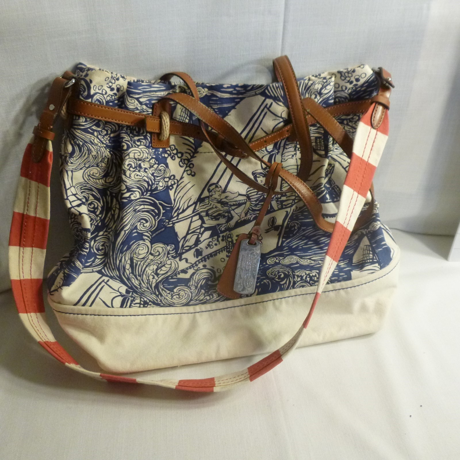 LAUREN Lge Nautical Tote Bag by Ralph Lauren w red & white canvas handles – EUC