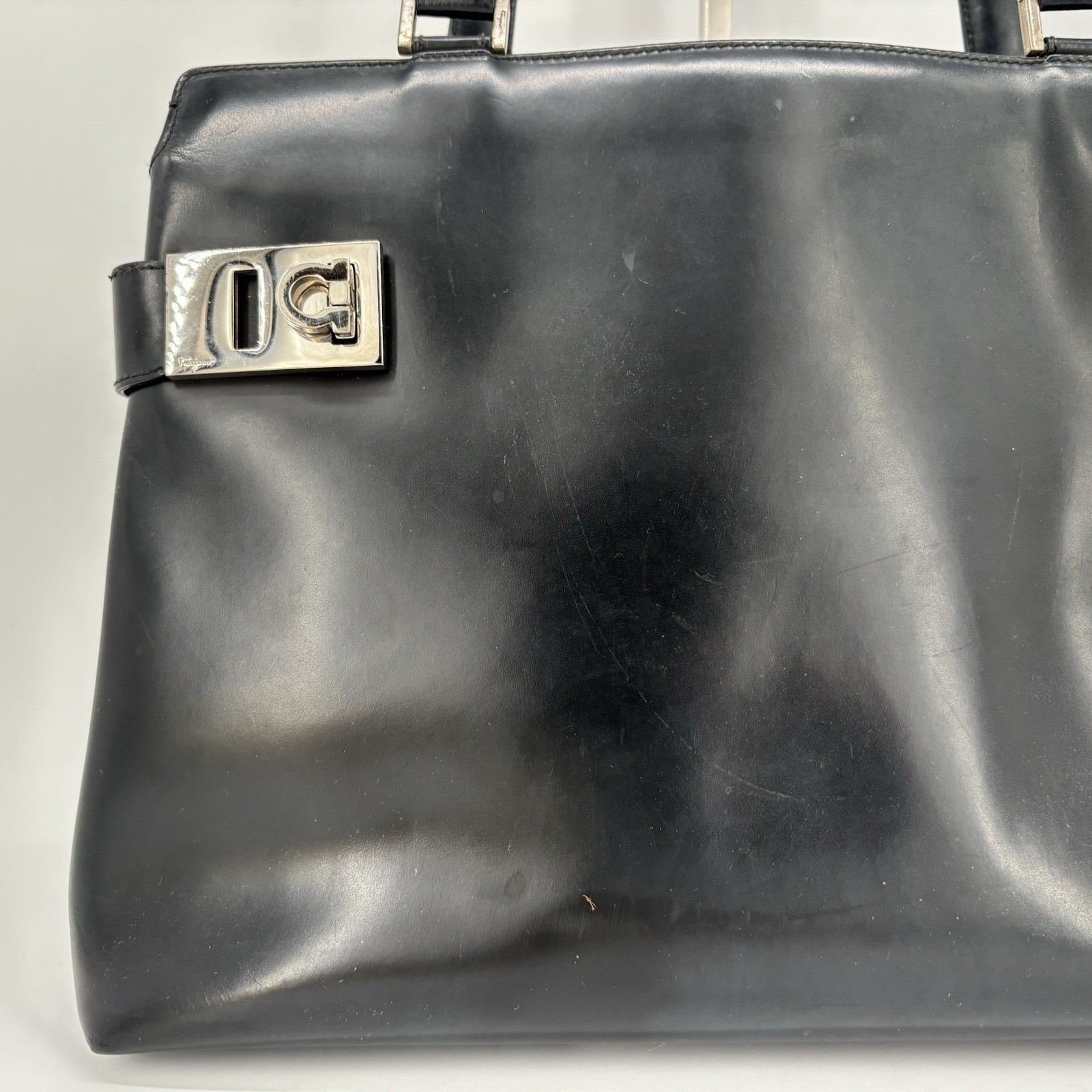 Ferragamo Gancini Black Leather Tote Handbag Silver Hardware Worn No Strap Japan