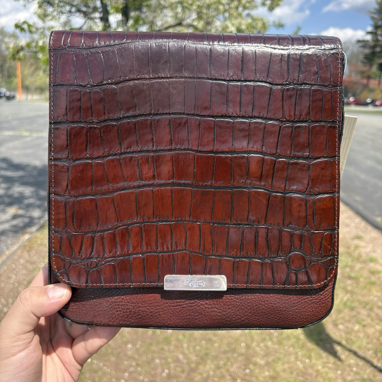 Vintage Fossil Croc Brown Embossed Leather Crossbody Shoulder Bag See Photos