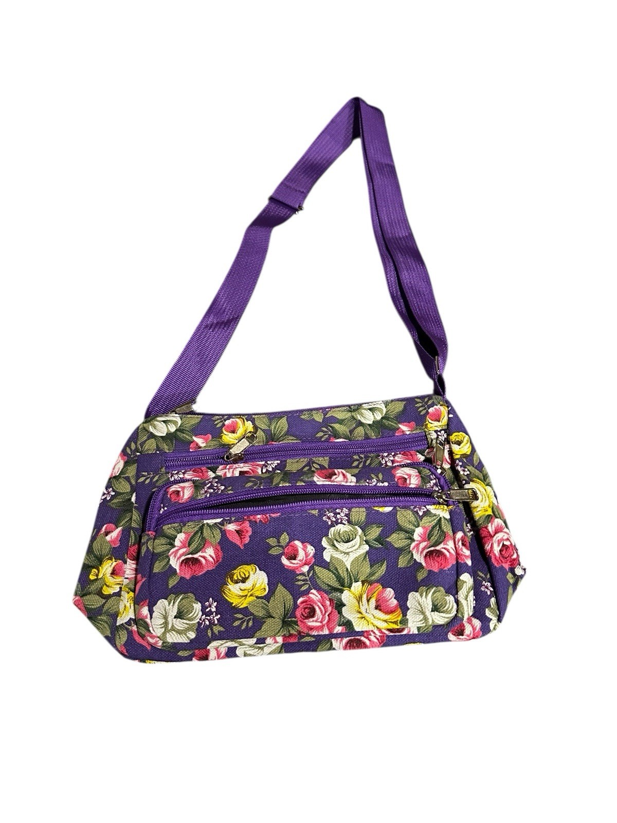 NEW cross body bag purse purple floral flowers zipper pockets pink yellow green