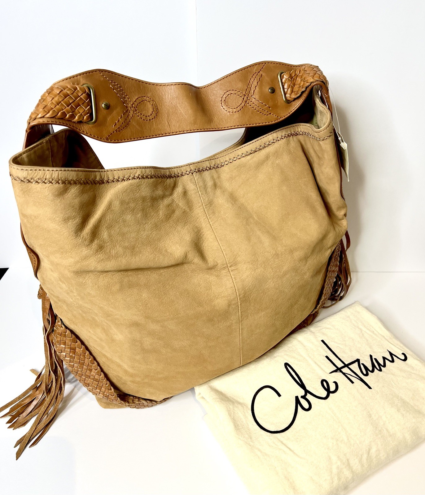 NWT Cole Haan Leather Suede Tan Sierra Purse Fringe Large