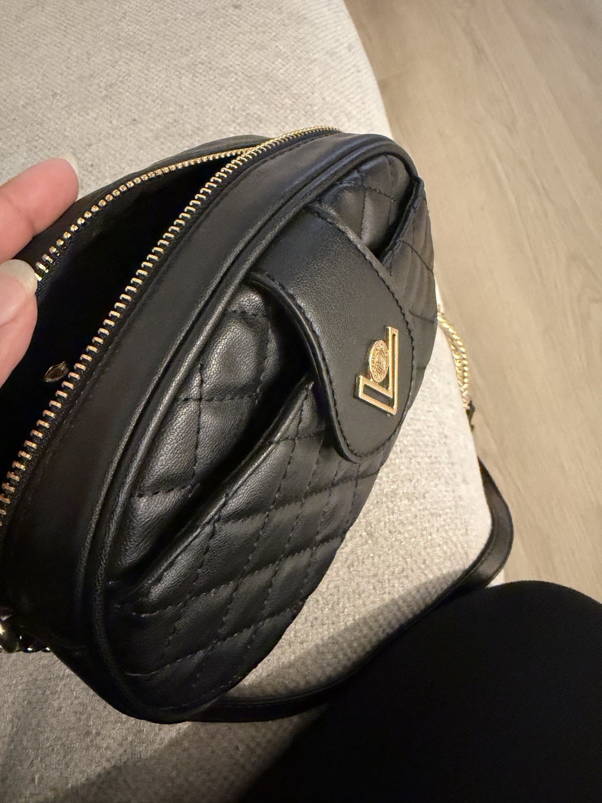 Valentino Orlandi Black Quilted Crossbody Bag Zip Closure Gold Hardware Strap