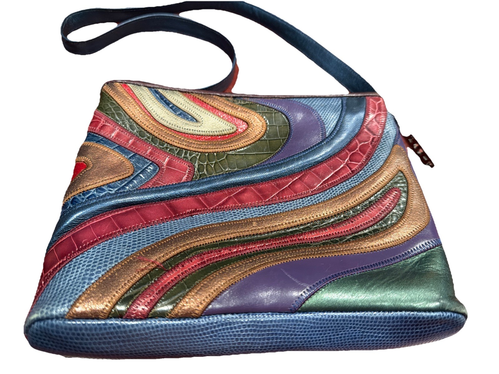 VTG Sharif USA Blue Purple Jewel Patchwork Bag Purse Leather Great Cond. Bag