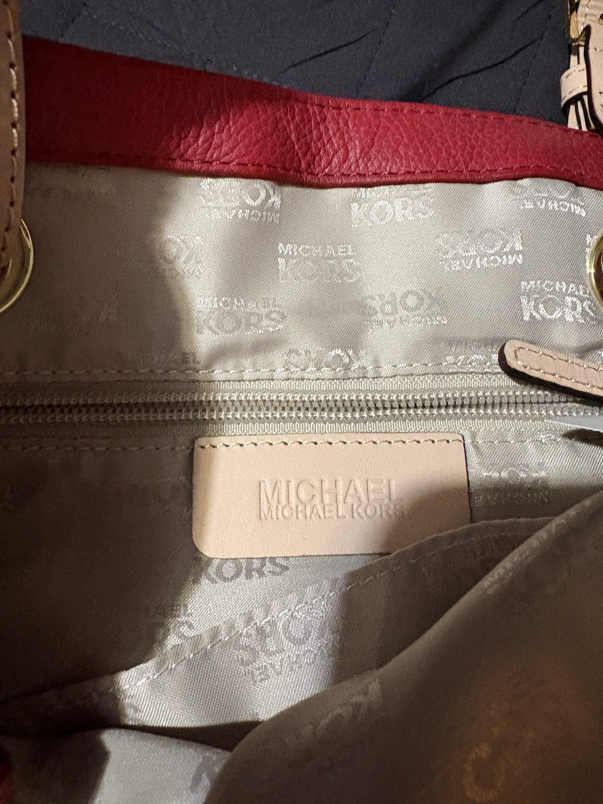 Michael Kors Red Large Tote Beige Double Handles Gold Hardware Charm Snap