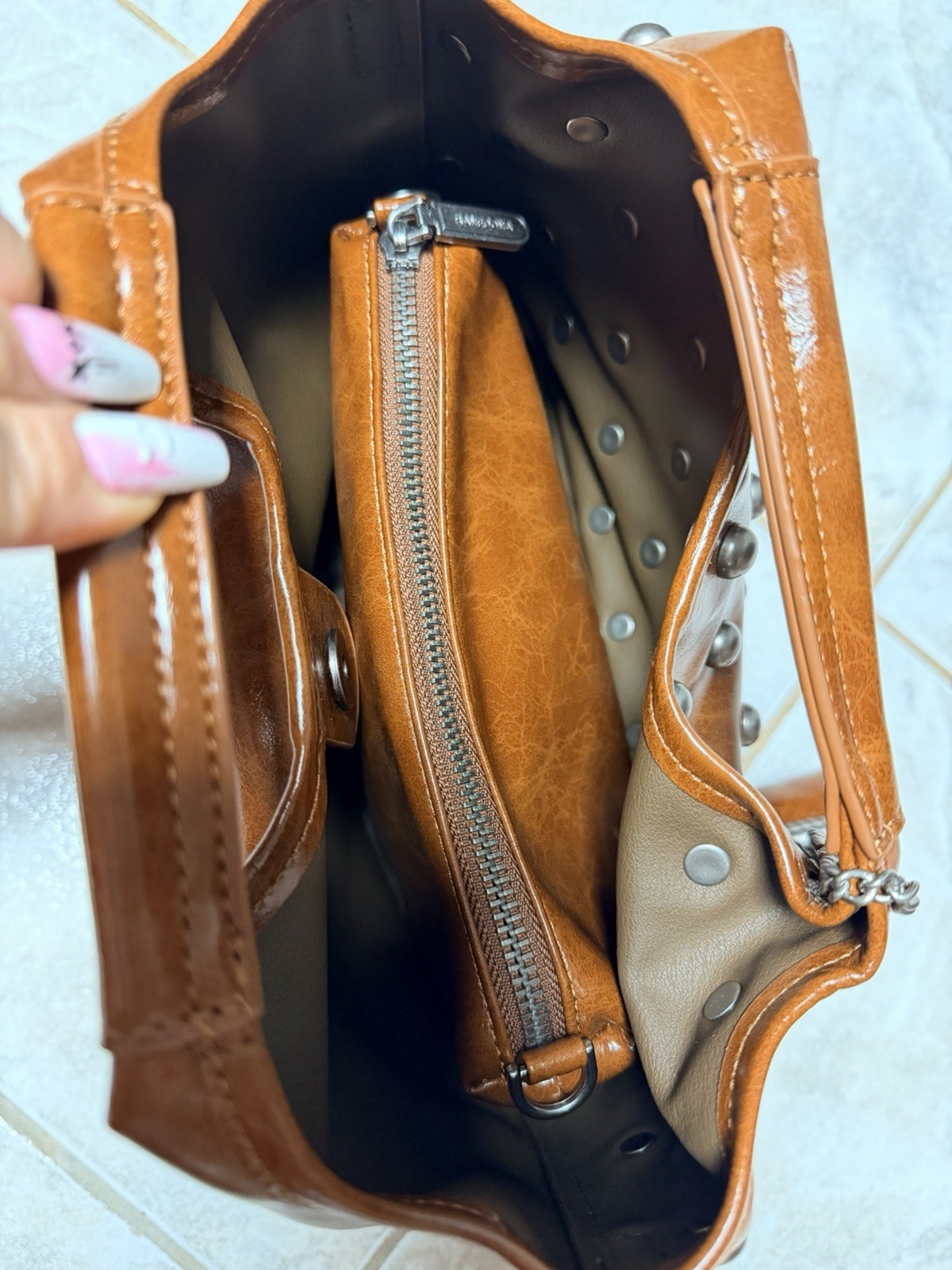 Brown Cowhide Leather Studded Satchel Top Handle Chain Silver Zip Magnetic Pouch