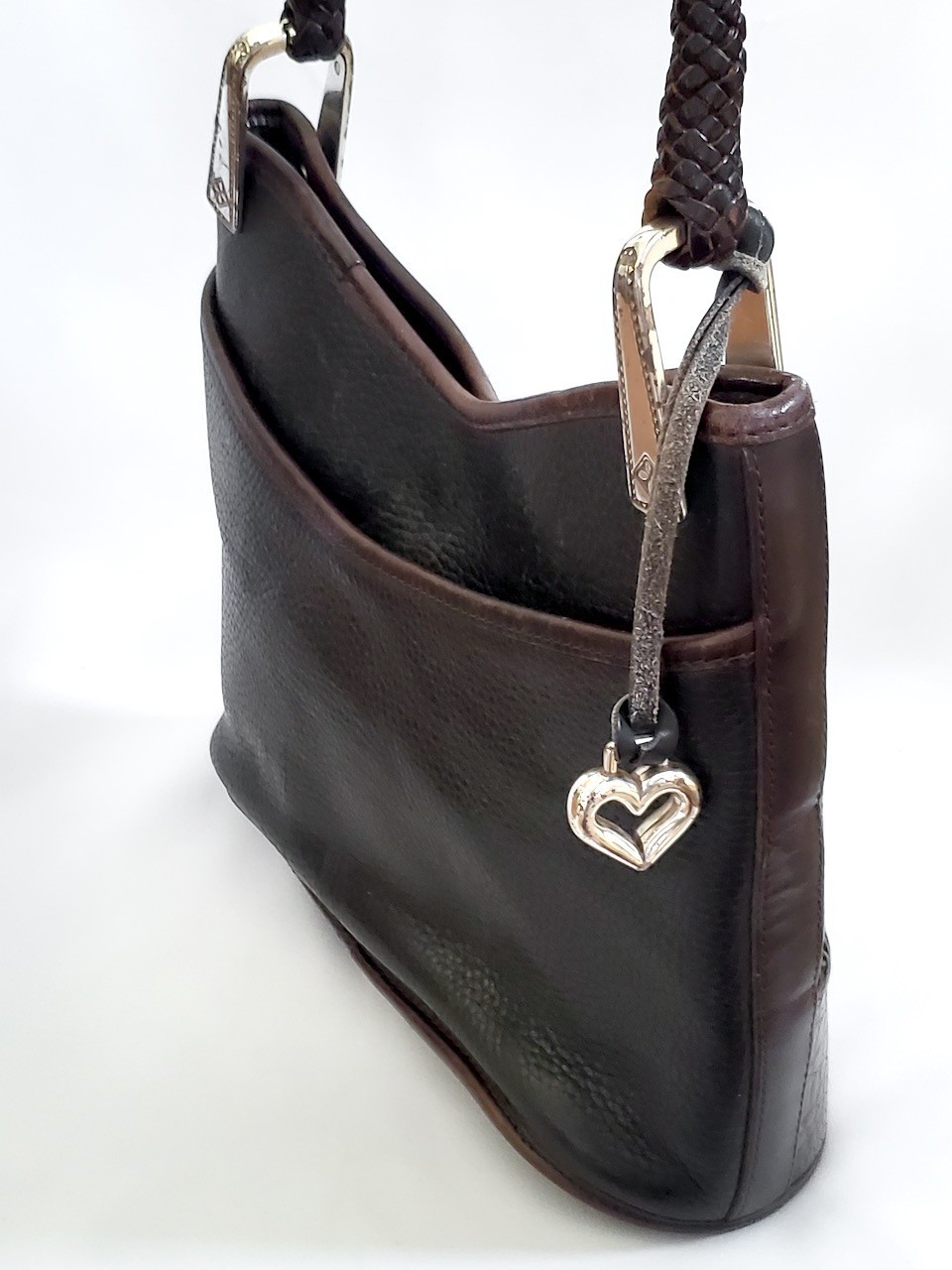 Brighton Collection Black Brown Leather Moc Croc Shoulder Bag Purse Woven Strap