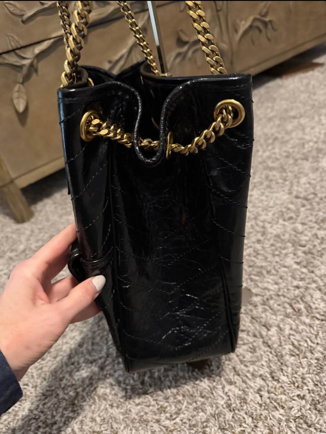 Saint Laurent Ligne Y Shoulder Bag Black Zip Gold Chain Strap Inner Pockets Card