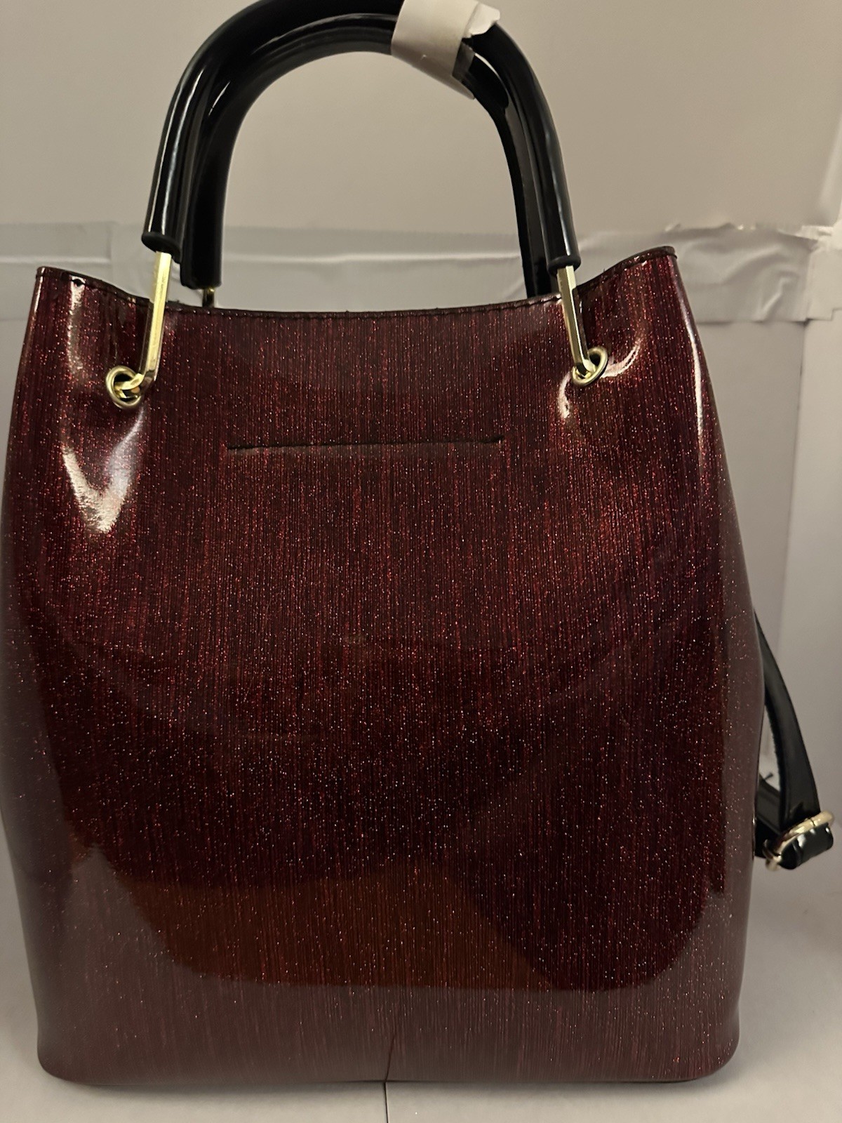 Burgundy Patent Satchel Top Handle Bag Zip Detachable Strap Charm Gold Hardware