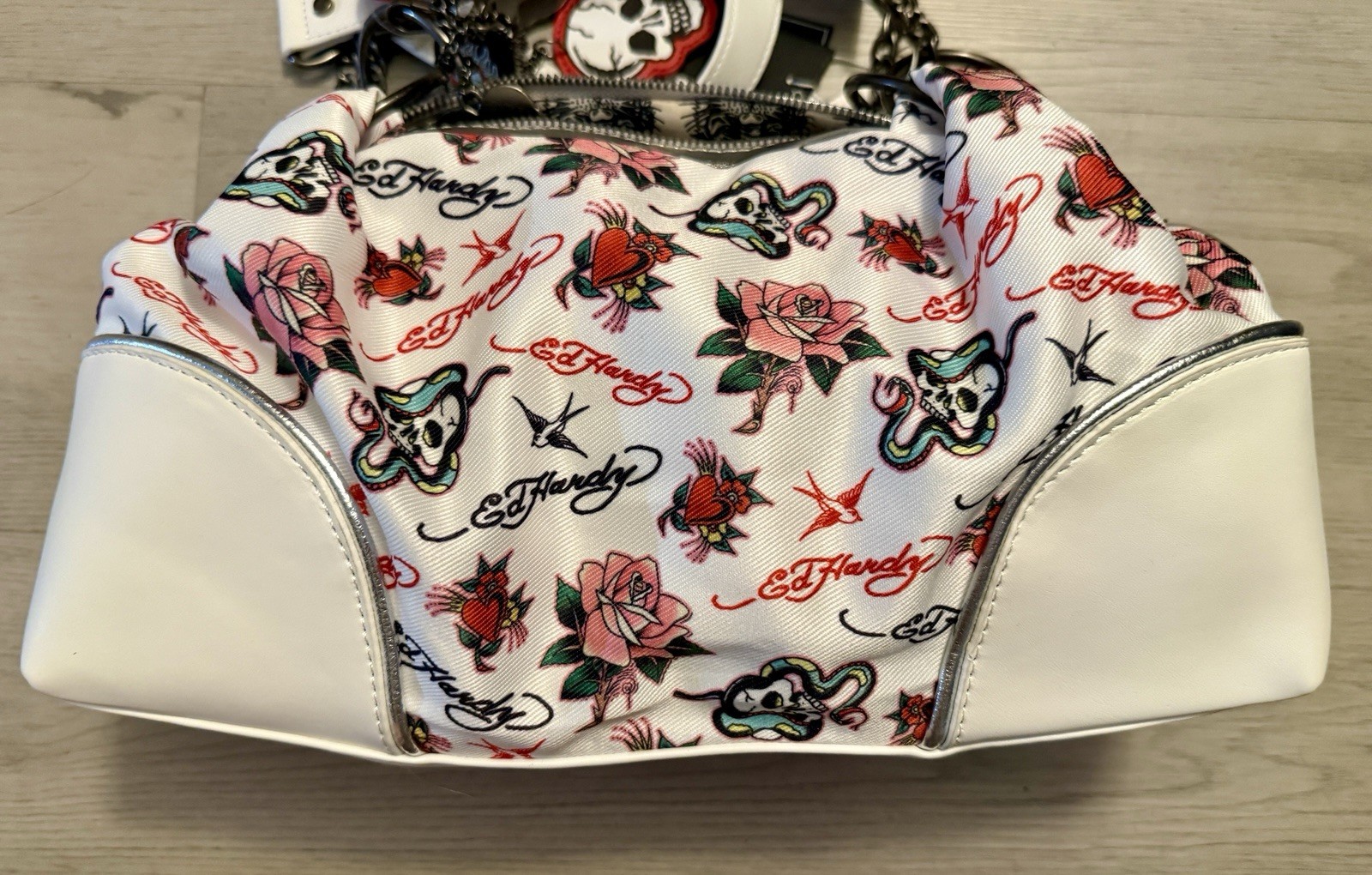 Ed Hardy Studded Rhinestone Hearts Hobo Satchel Shoulder Bag~Roses~Charms~NWT