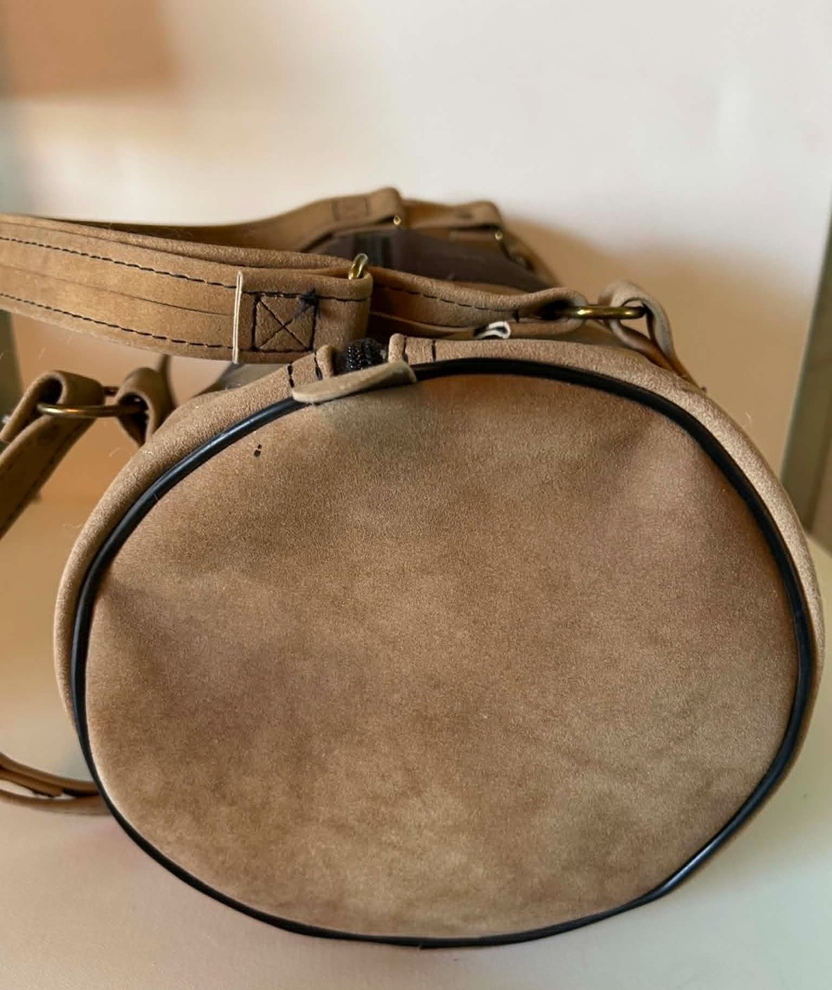 Vintage 70s 80s Suede Barrel Bag Two Tone Brown Tan YKK Zipper Retro Cylinder