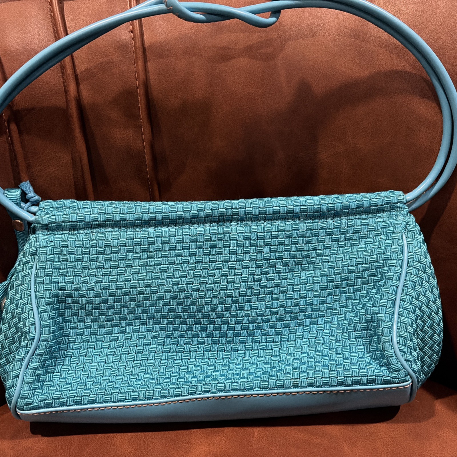 The Sak Mini Shoulder Bag woven w vegan leather trim turquoise heart