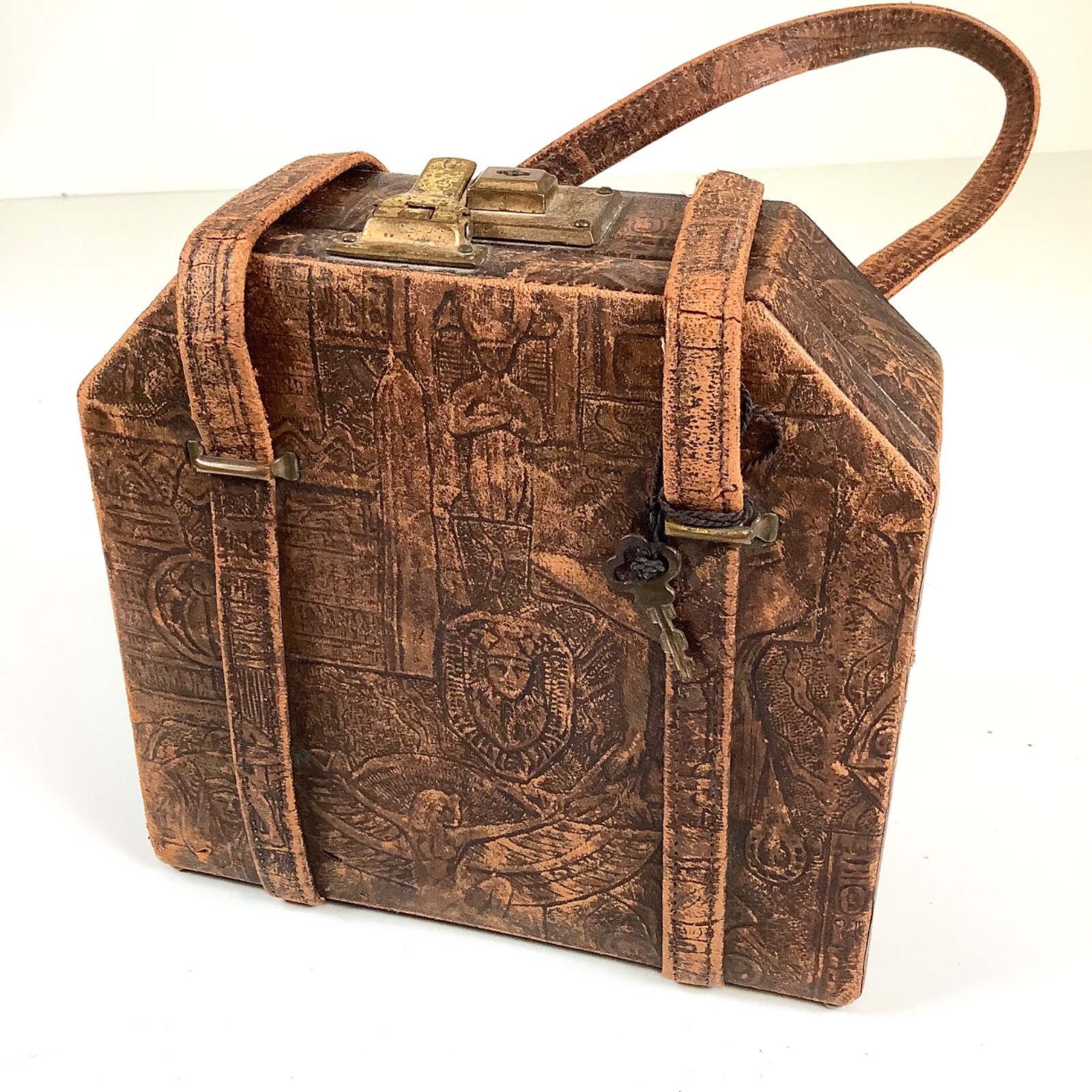 Vtg EGYPT Egyptian Hieroglyphs Brown Tooled Leather Handbag Cosmetic Bag w/ Key
