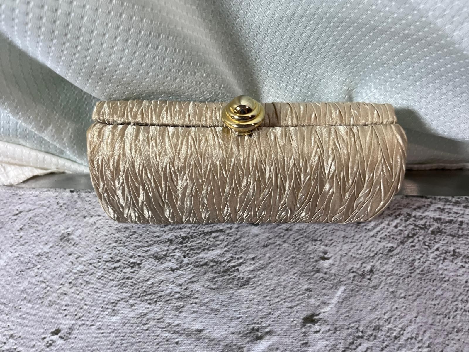 Champagne Cream Satin Ruched Pleated Box Clutch Bag Evening Purse Rope Strap