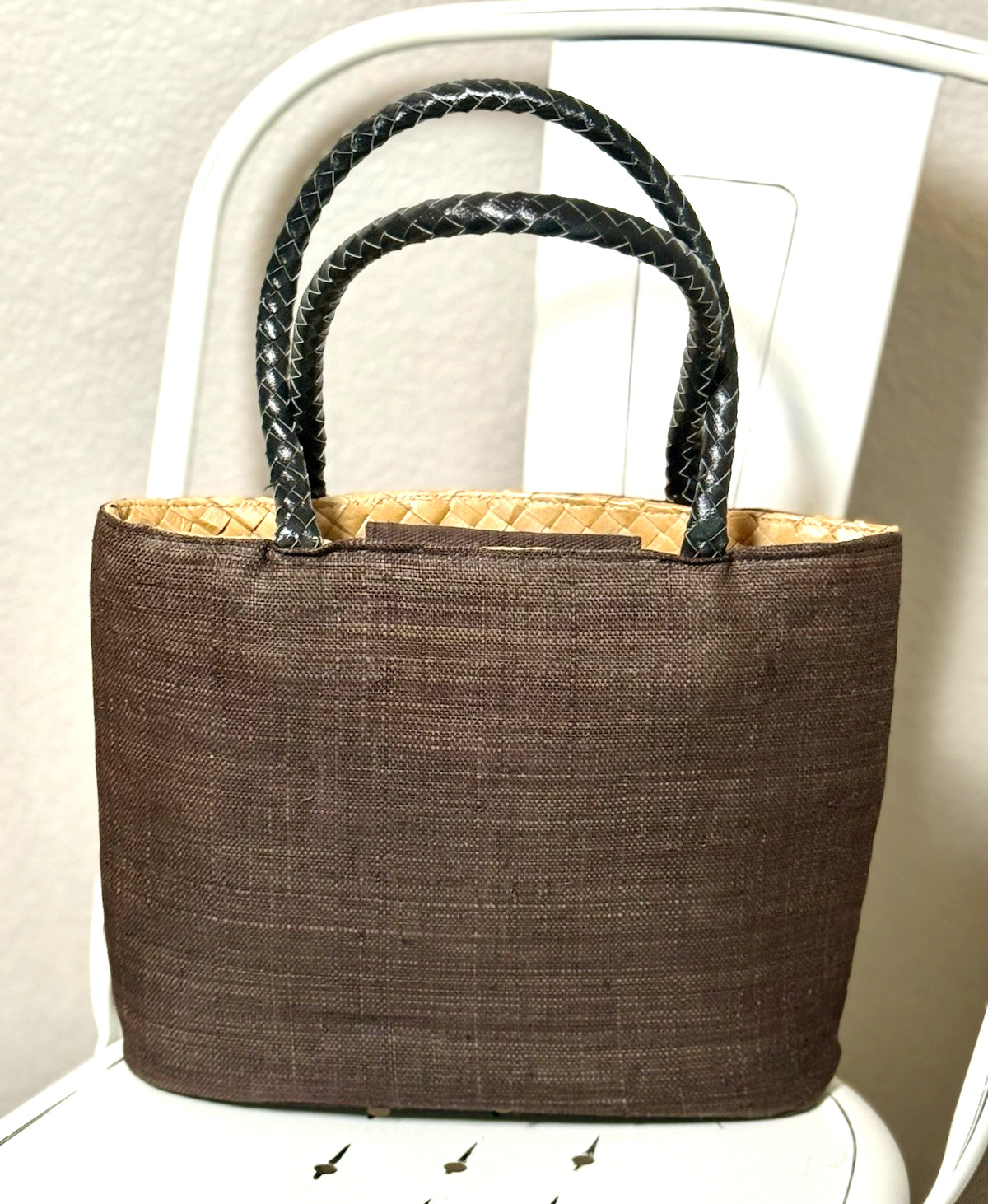 Italy Woven Abalone Handbag Chocolate Brown Wood Bead Rectangular Leather Handle