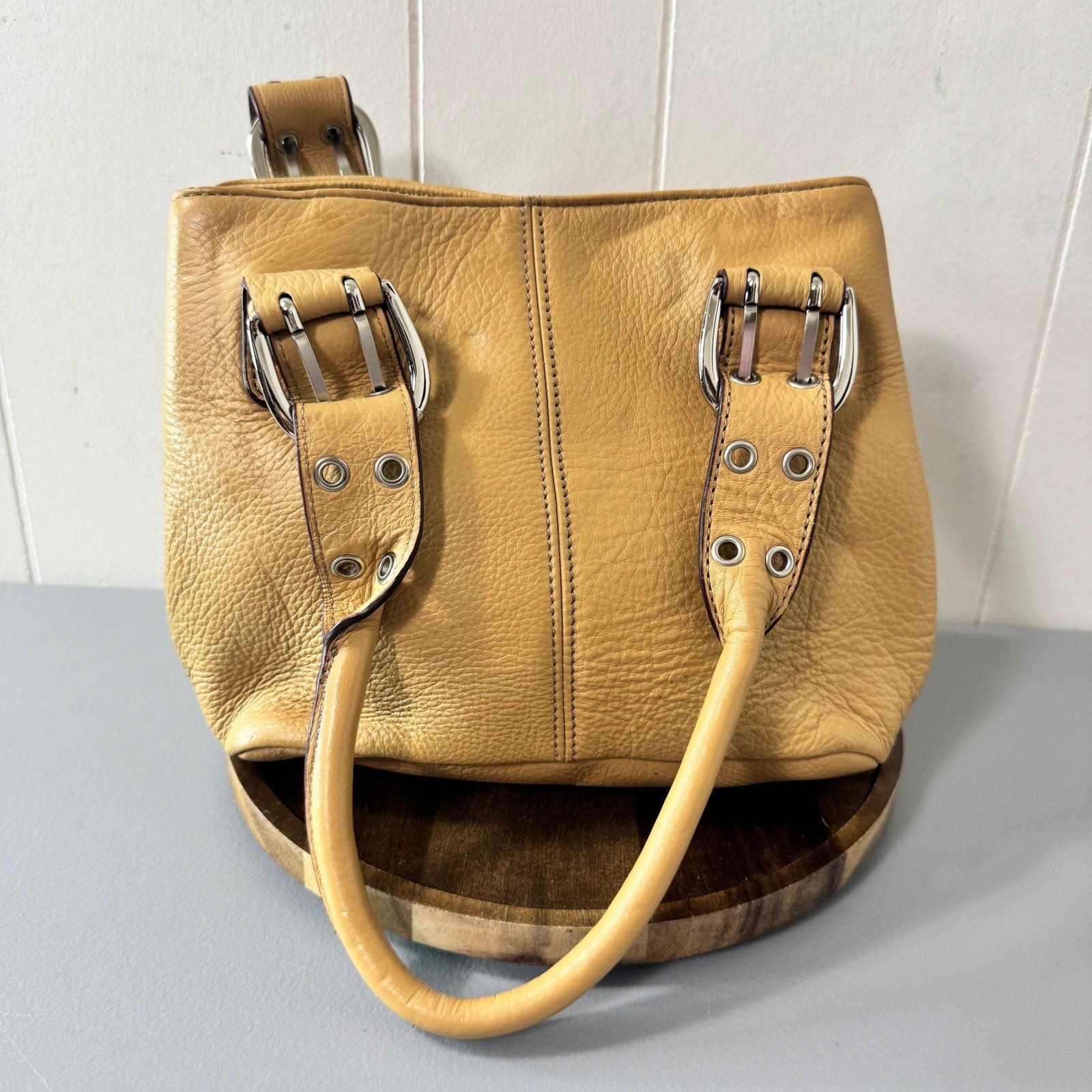 Tignanello Leather Satchel Purse Handbag Top Handle Bag Buckle Detail Tan