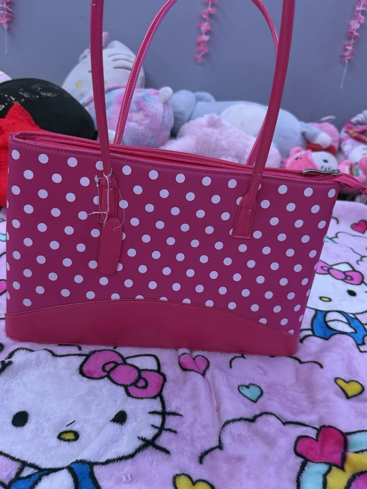 Women’s Pink Polka Dot Tote Bag Zip Top Double Handles Casual