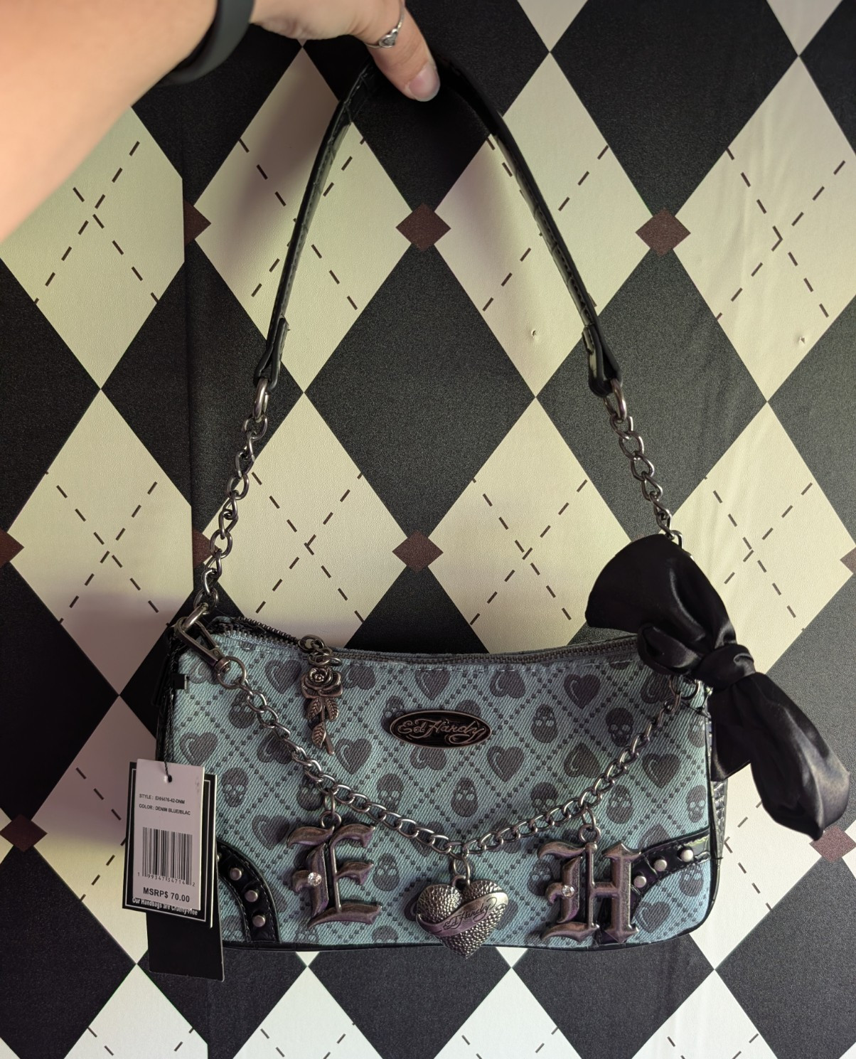 Ed Hardy Women’s Shoulder Bag Denim Blue/Black Heart Skull Studded Bow Zip