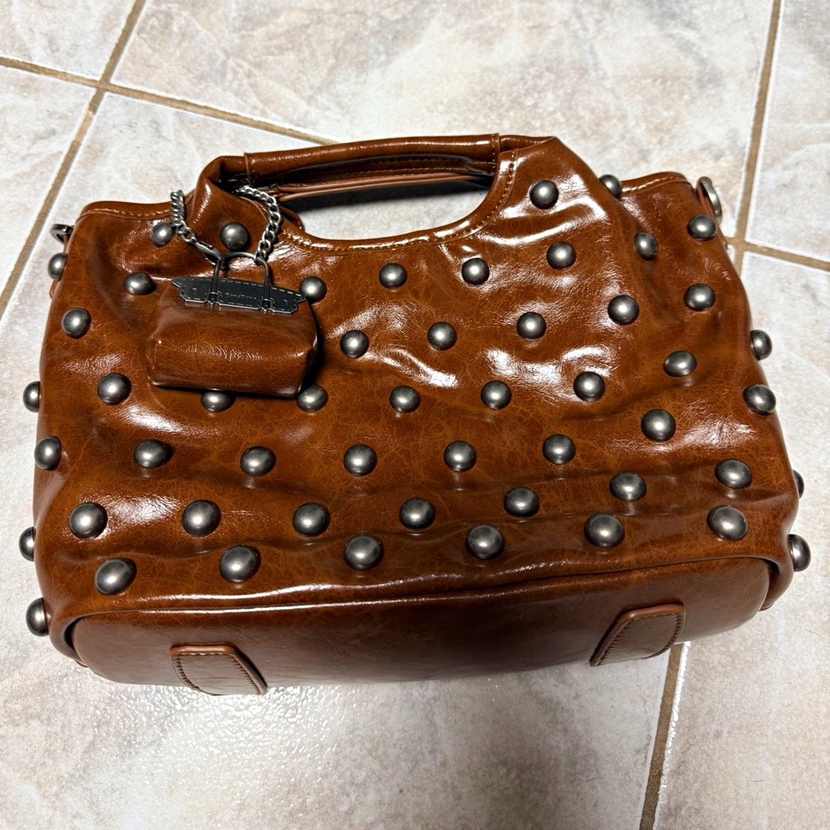 Brown Cowhide Leather Studded Satchel Top Handle Chain Silver Zip Magnetic Pouch