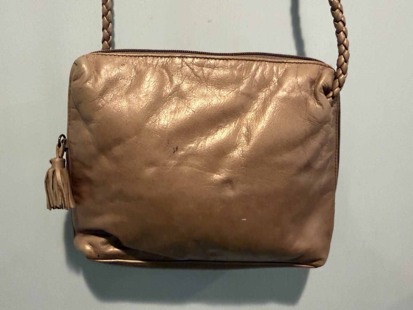 Enzo Angiolini Bronze Leather Braided Strap Crossbody Shoulder Bag Tassel Zip