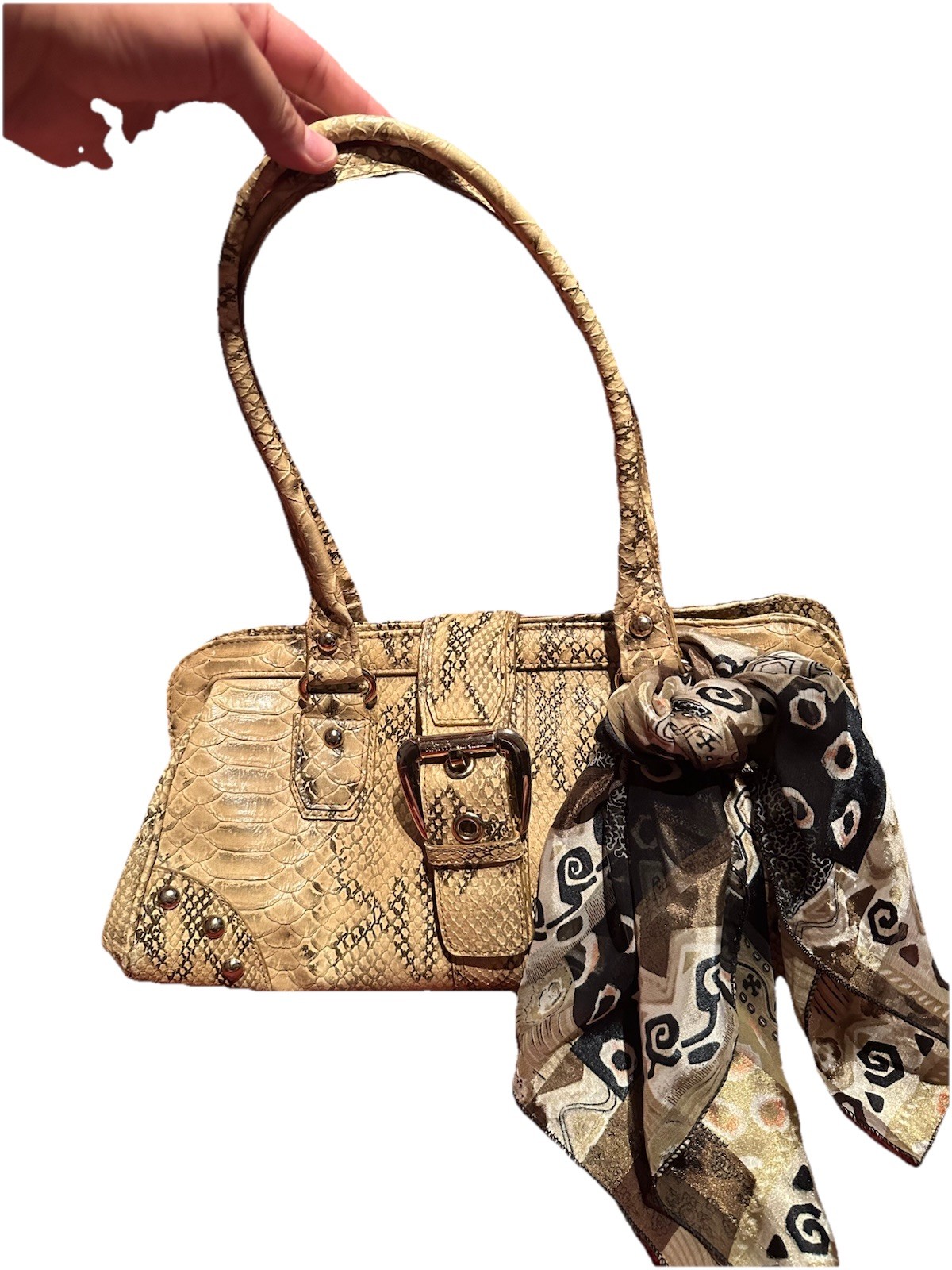 Kathy Van Zeeland Beige Snakeskin Embossed Satchel, Zip, Studded Buckle Charm