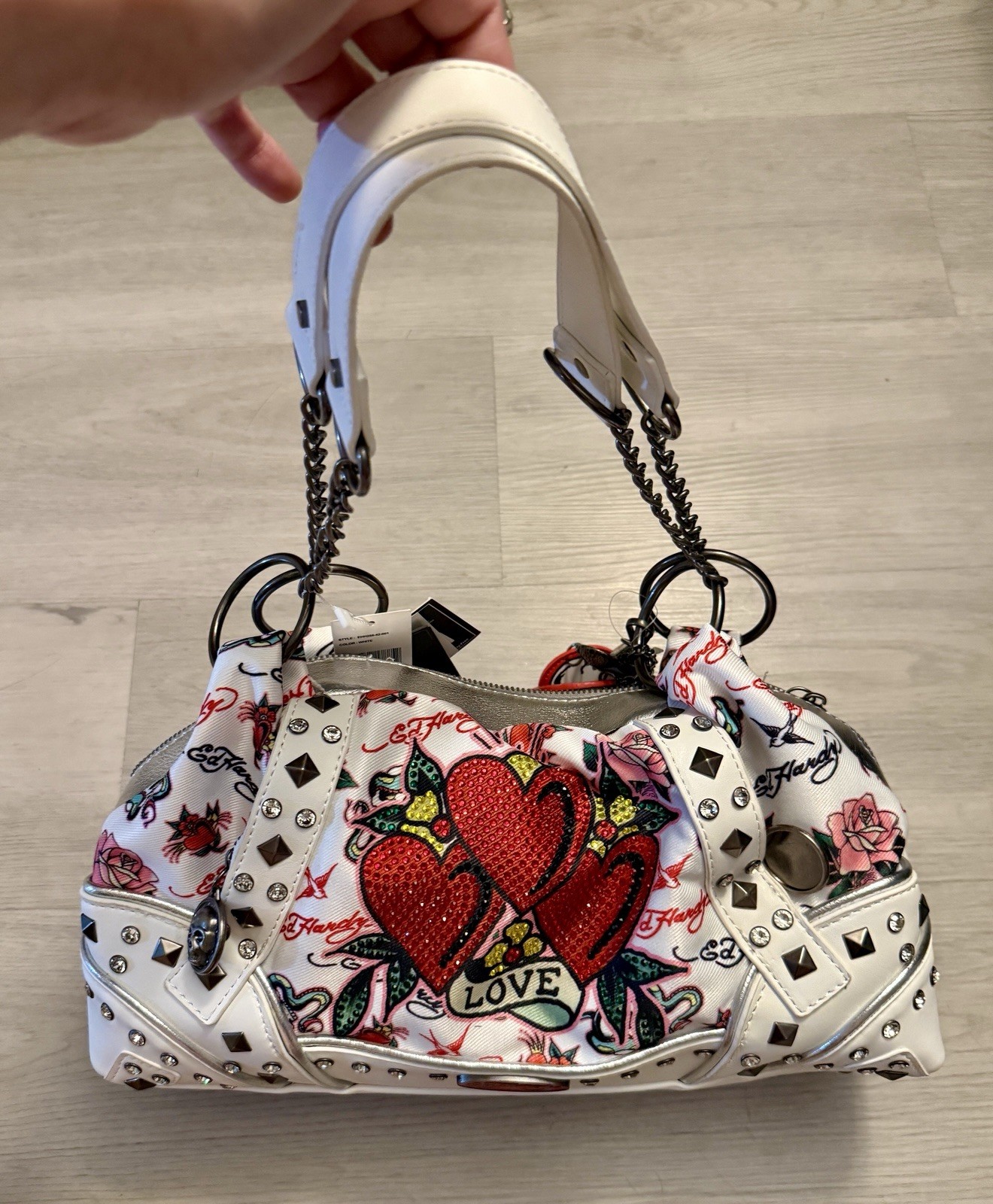 Ed Hardy Studded Rhinestone Hearts Hobo Satchel Shoulder Bag~Roses~Charms~NWT