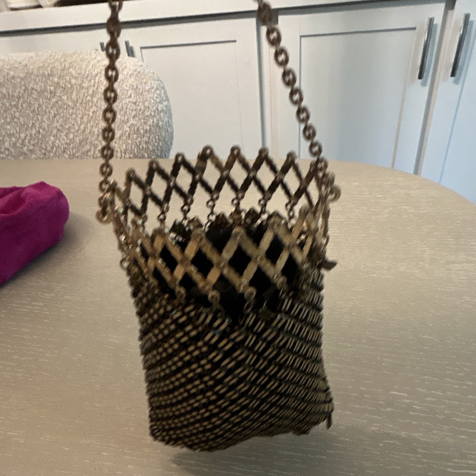 Whiting & Davis Bag Co. Gold Tone Metal Mesh Beaded Compact Chain Strap