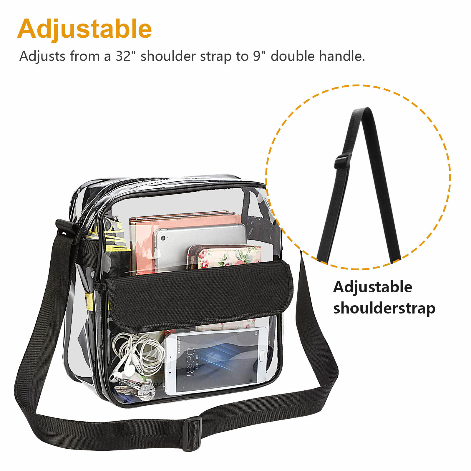 Clear Transparent Tote Bag PVC w/Zipper Stadium Approved Handbag Purse Crossbody