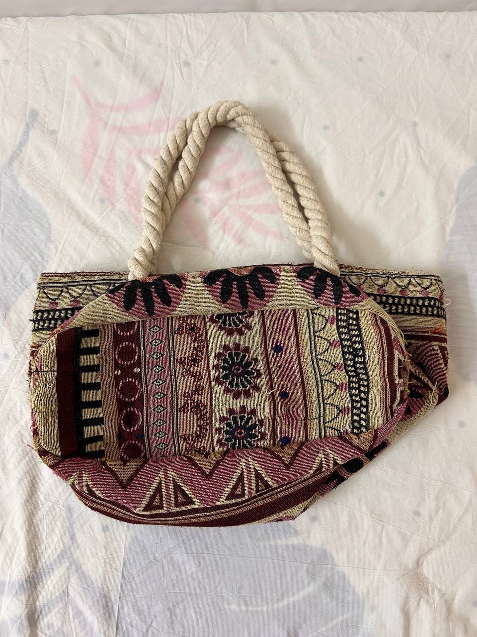 Handmade Tribal Boho Cotton Tote Bag with Rope Handles