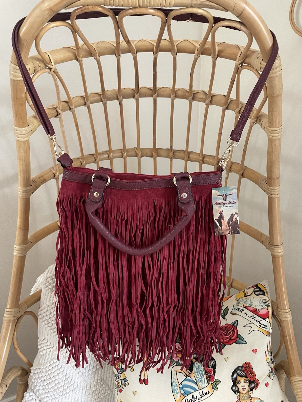 Heritage West Western Wine Fringe Shoulder Bag Detachable Strap Double Handles