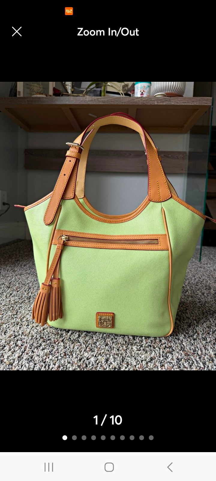 Dooney & Bourke Green/Brown Solid Shoulder Bag Zip Closure Outer Pocket Tassel