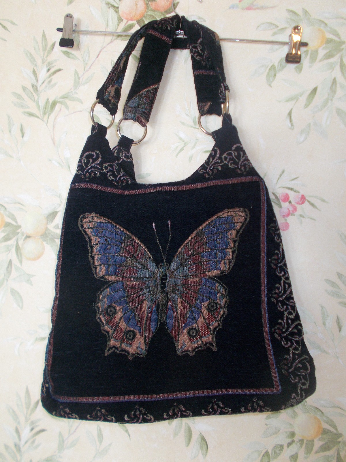 Black Cloth Tote Bag with Sparkle Gem & Needlework Butterflies